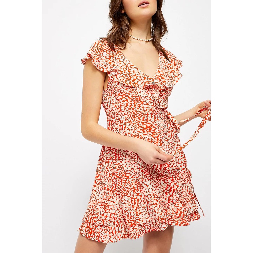 Free People Red Abstract Print Ruffle Wrap Mini Dress Size Medium Flutter Sleeve